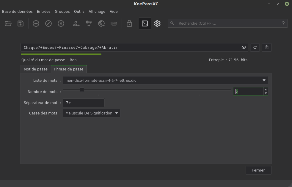 Le générateur de phrase de passe de KeepassXC avec notre dictionnaire